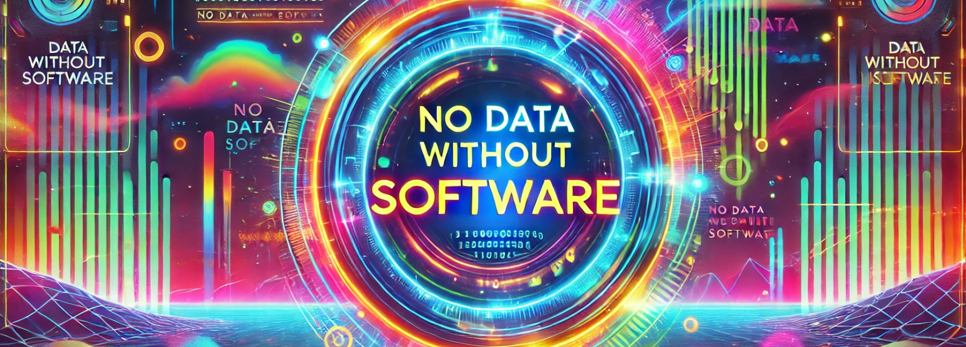 Futuristic, colorful high-tech scenario with the single headline "No Data Without Software"